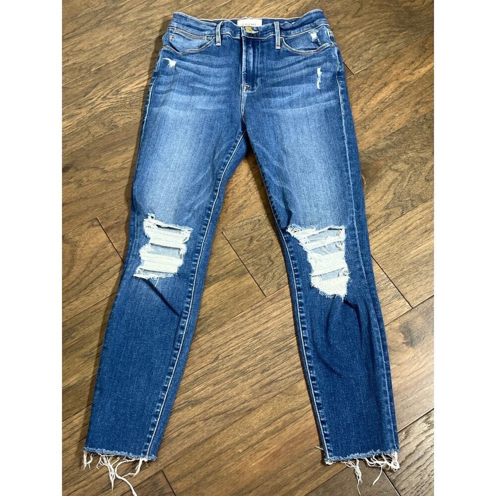 FRAME Le High  Skinny Crop Gaby Distressed Jeans Medium Wash Blue Sz 27 EUC